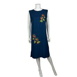 Vintage 60s Floral Dress Womens Medium Dark Blue Linen Embroidered Flowers Shift